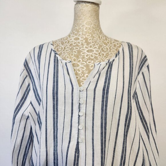 Liz Claiborne Women's Size XL Linen Blend Striped Button Split Sleeves Tunic Top - Picture 2 of 14